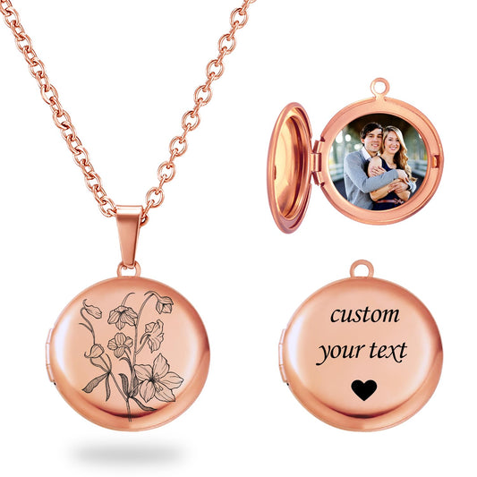 PHOCKSIN Rose Gold Round Locket Necklace 12 Birth Flowers Personalized Necklace that Holds Pictures Customized Gifts Locket Necklaces for Birthday