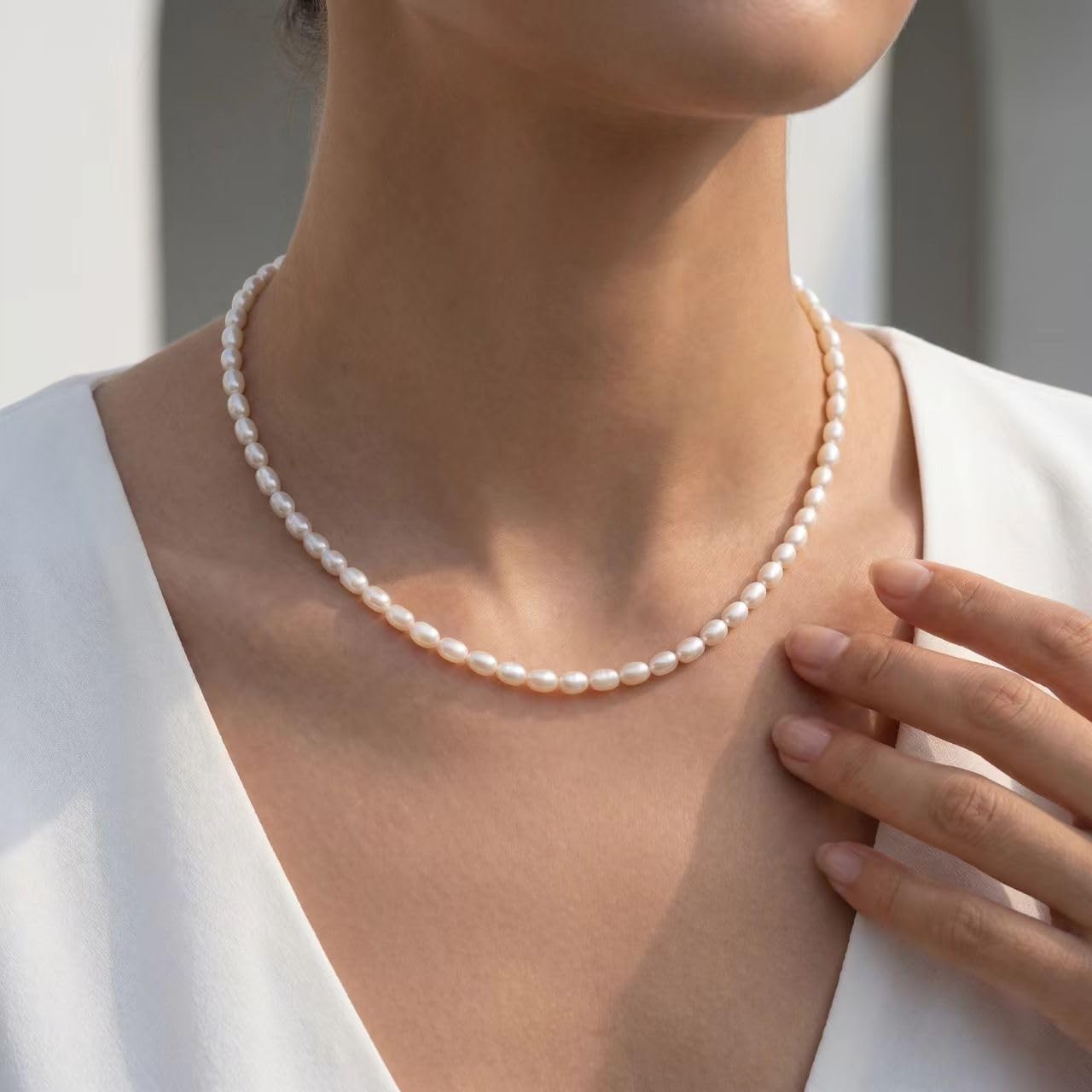 JaruJaru 4mm Handmade Rice Pearl Necklace for Women, Small Oval Freshwater Pearl Strand, Essential Minimalist Jewelry, 16-18 Inch Adjustable