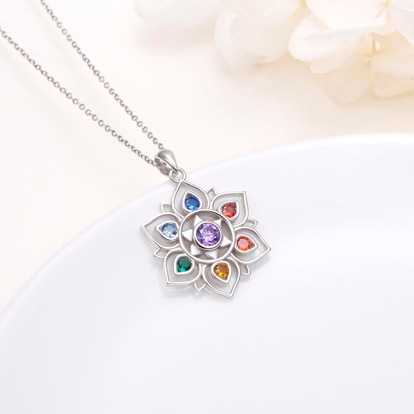 FLYOW 925 Sterling Silver 7 Chakras Lotus Necklace, Rainbow Stones Yoga Pendant for Energy Balance, Spiritual Healing Jewelry for Anxiety Stress Relief Meditation