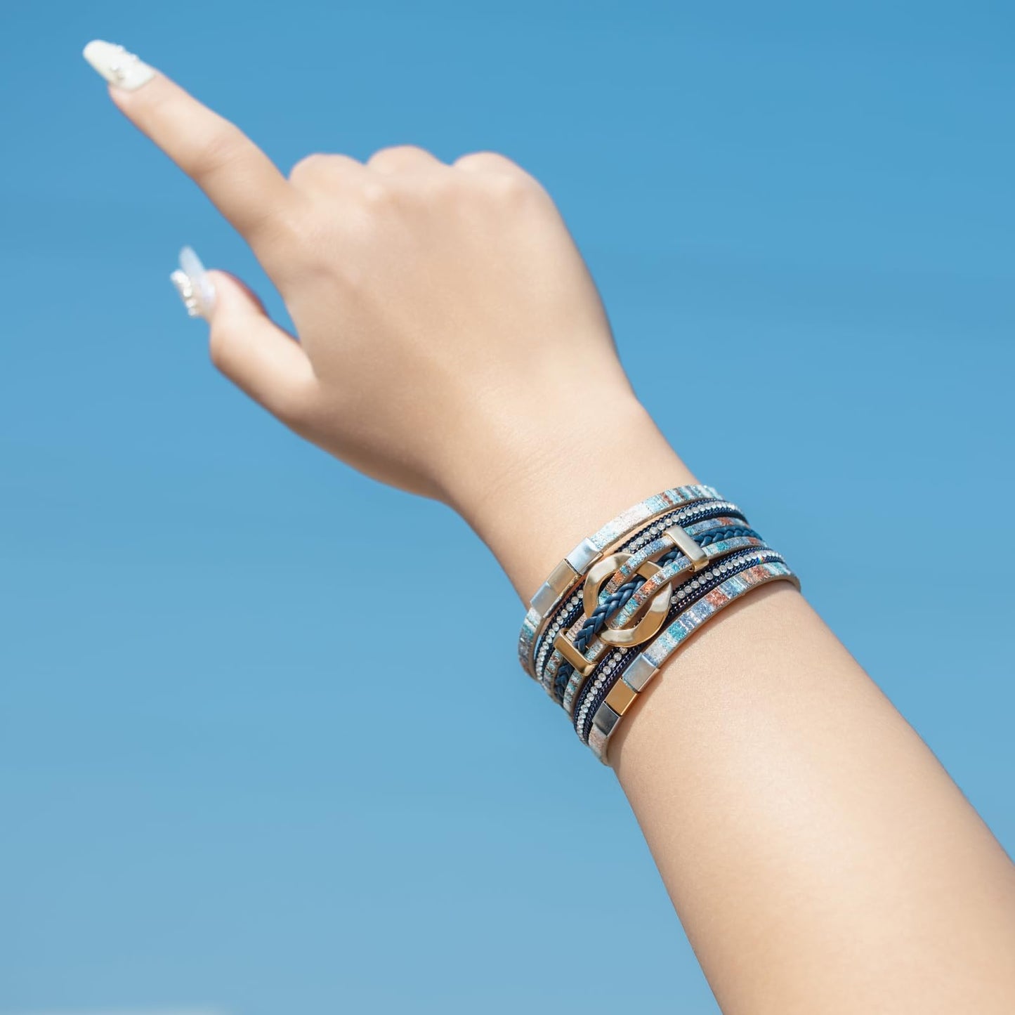 FANCY SHINY Boho Leather Wrap Bracelets Circle Square Bead Braided Handmade Stackable Bracelet Trendy Cuff Bangle for Women(Boho Blue)