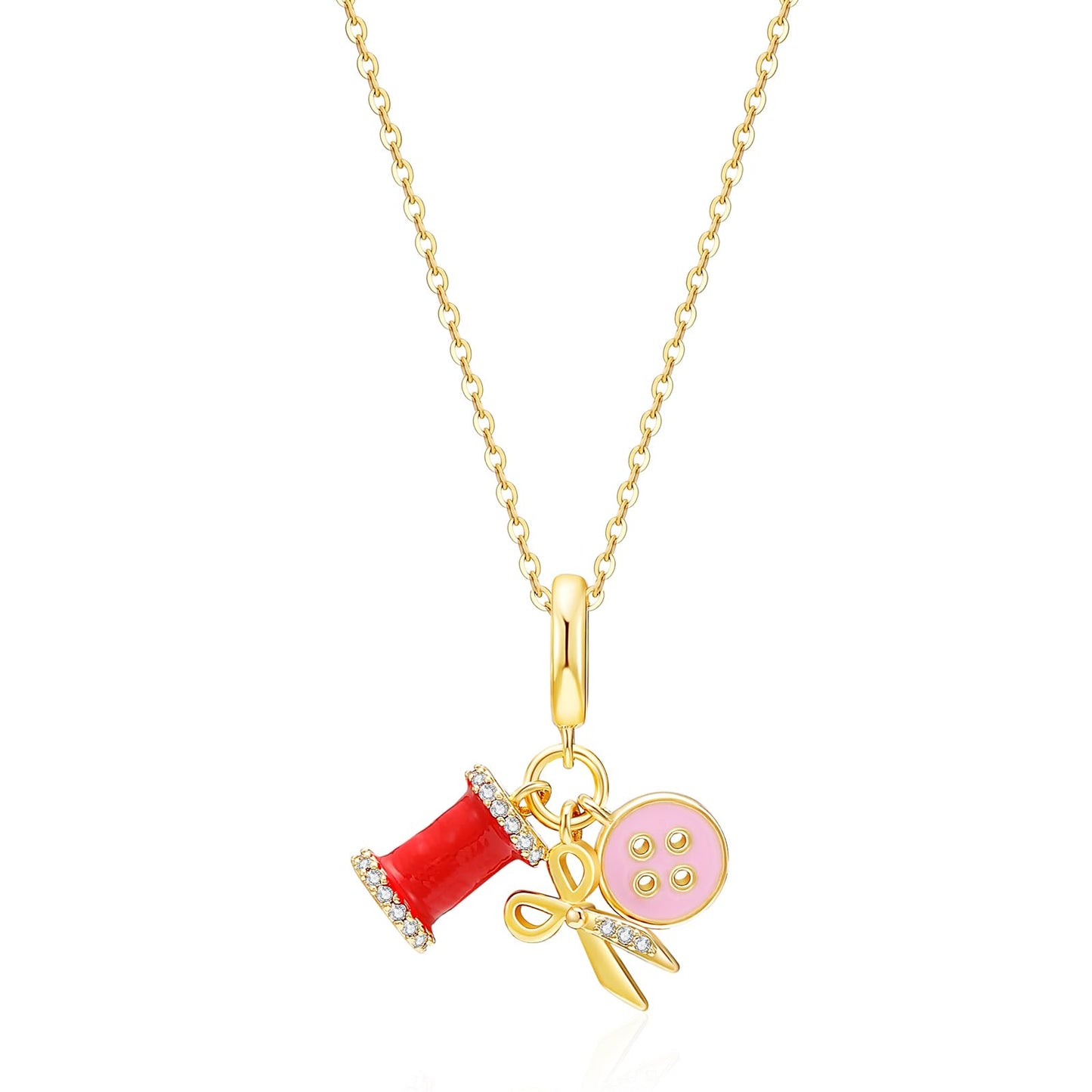 crataly Sewing Enamel Necklace For Women-Gold Plated Mini Wire Spool Button And Scissor Combination Necklace For Valentines Day Mother's Day Christmas Birthday Gifts