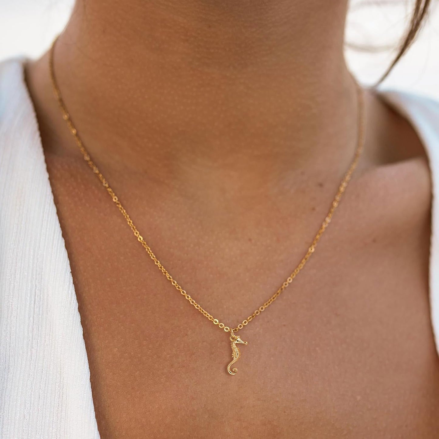 BSGRL Dainty Gold Necklace: 14K Gold Plated Seahorse Sea Beach Necklace for Women 16.5"+2"
