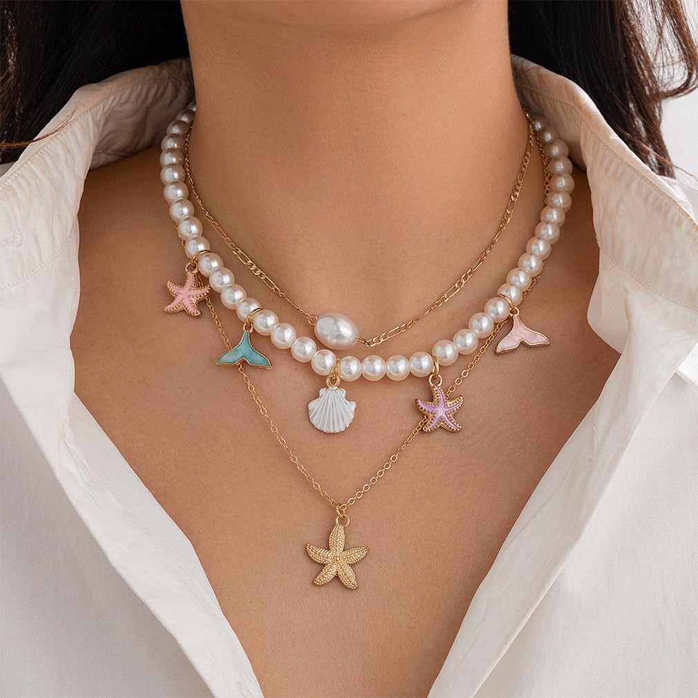 Chunky Gold Layered Pearl Starfish Statement Necklace Dainty Beach Pearls Beaded Seashell Choker Stacked Conch Sea Shell Necklaces Trendy Hawaiian Beachy Jewelry for Women (Colorful)