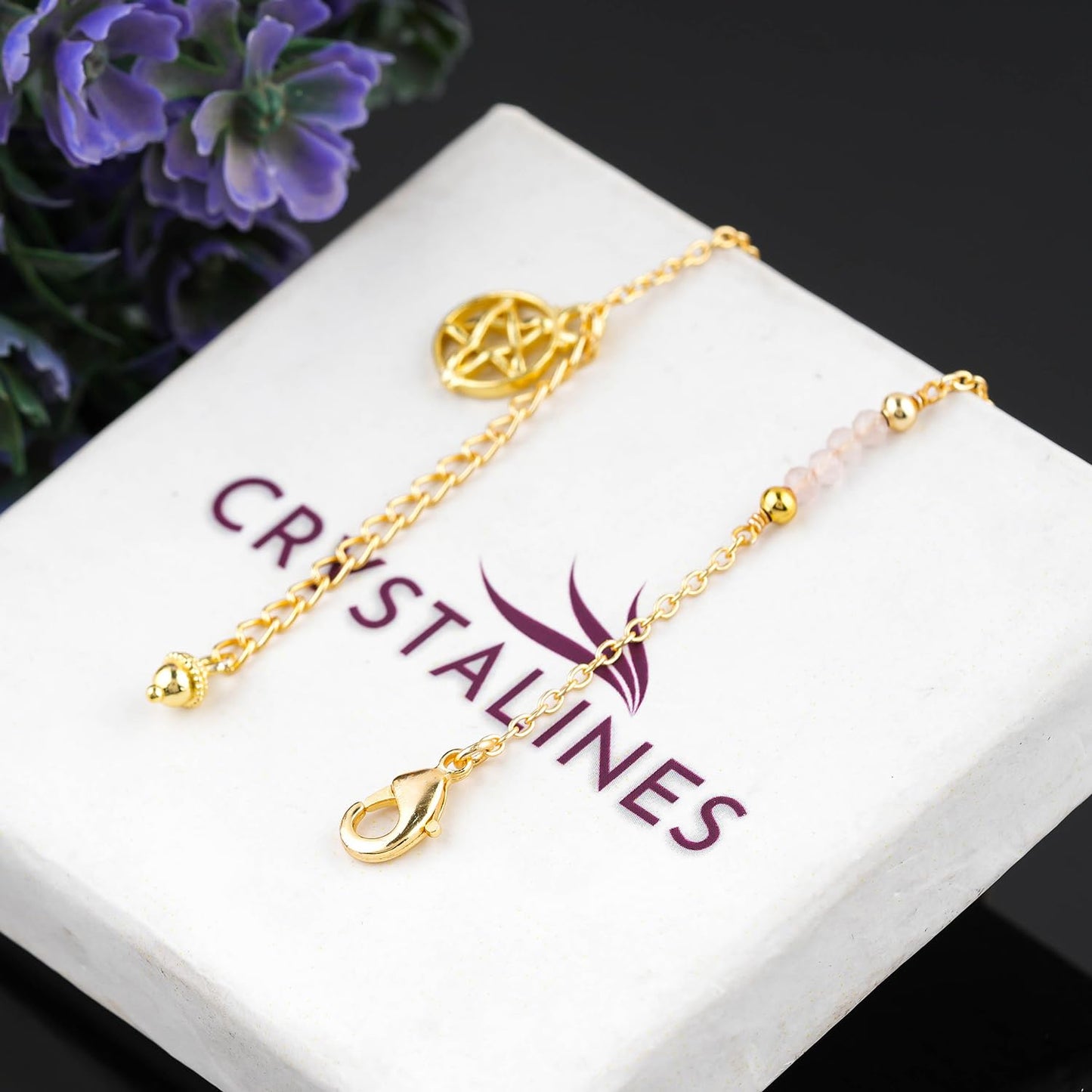 CRYSTALINES Natural Rose Quartz Gemstone Beads, Handmade Station Dangle Star Charms Anklet, 14K Gold Plated, Adjustable Fashion Boho Jewelry for Women, Healing Crystals, Christmas Gift