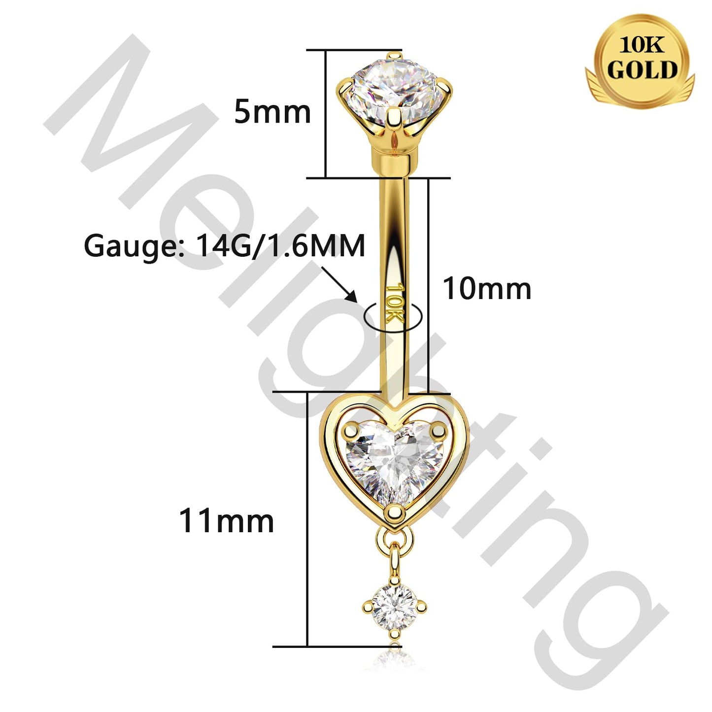 Melighting 10K Solid Gold Belly Button Ring Heart Belly Ring Gold Dangle Belly Piercing Jewelry 14G Navel Ring for Women