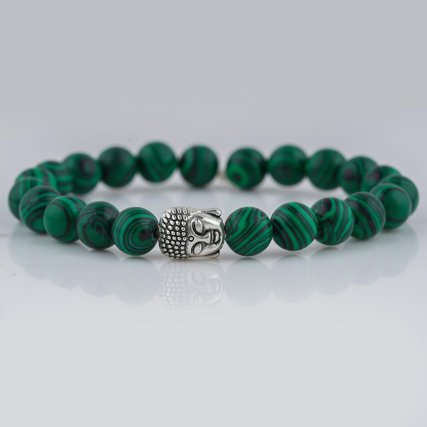 CRYSTALINES Buddha Charm Stretchable Braceclet, Genuine Malachite Gemstone Beads, Plain Round Stones, Handmade Boho Strech Bracelet, Adjustable Spiritual Healing Crystal Unisex Jewelry Gift
