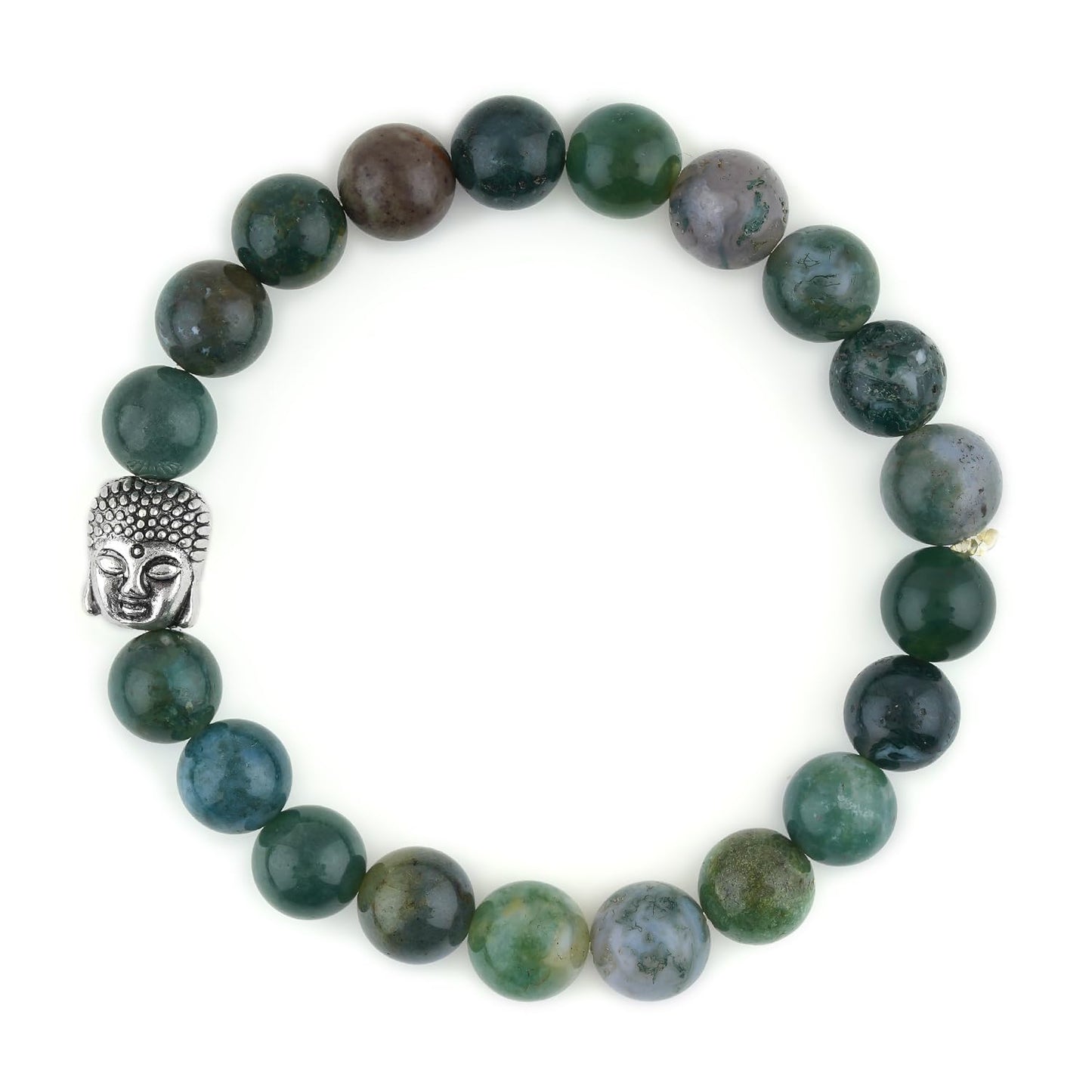 CRYSTALINES Buddha Charm Stretchable Braceclet, Natural Moss Agate Gemstone Beads, Plain Round Stones, Handmade Boho Strech Bracelet, Adjustable Spiritual Healing Crystal Unisex Jewelry Gift