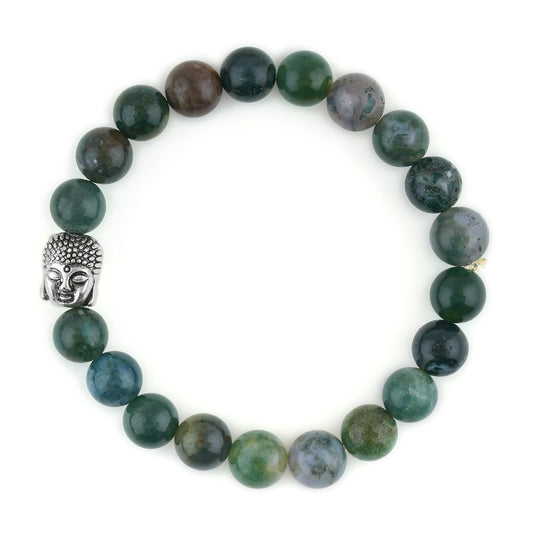 CRYSTALINES Buddha Charm Stretchable Braceclet, Natural Moss Agate Gemstone Beads, Plain Round Stones, Handmade Boho Strech Bracelet, Adjustable Spiritual Healing Crystal Unisex Jewelry Gift