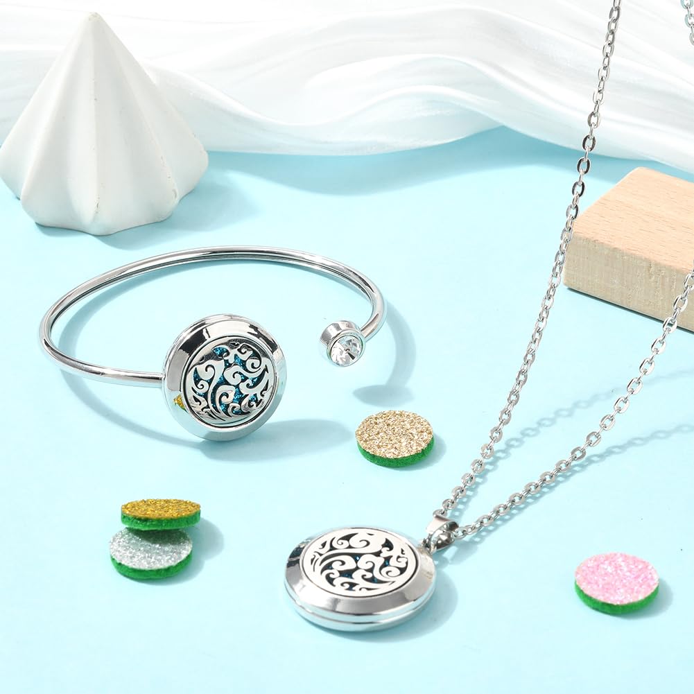 SUNNYCLUE 1Pc Essential Oil Necklace 1Pc Essential Oil Diffuser Bracelet with 10Pcs Refill Pads Cloud Stainless Steel Cuff Bangle Diffuser Locket Necklaces Aromatherapy Jewelry for Women Gifts