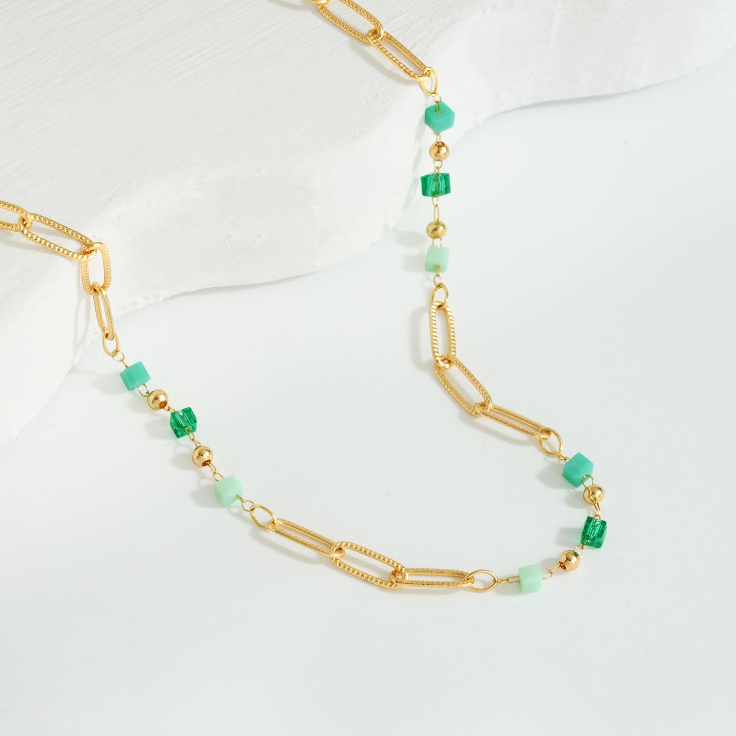 MTMY Beaded Necklaces for Women 14K Gold Plated Dainty Colorful Green/Rose Beaded Pearl Choker Necklace Delicate Boho Choker Necklace Jewelry Gift (beads paper clip)