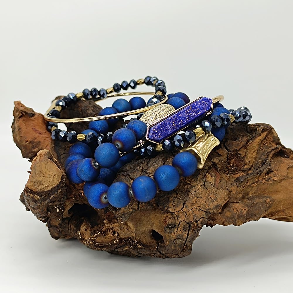 Yomisa Boho Beaded Bracelets/Bangle for Women,Multilayer Wrap 6PCS Healing Natural Jasper Crystal Bead Bracelets Stackable Friendship Stretch Beaded Bracelet Set Trendy Bohemian Jewelry Gift,Blue