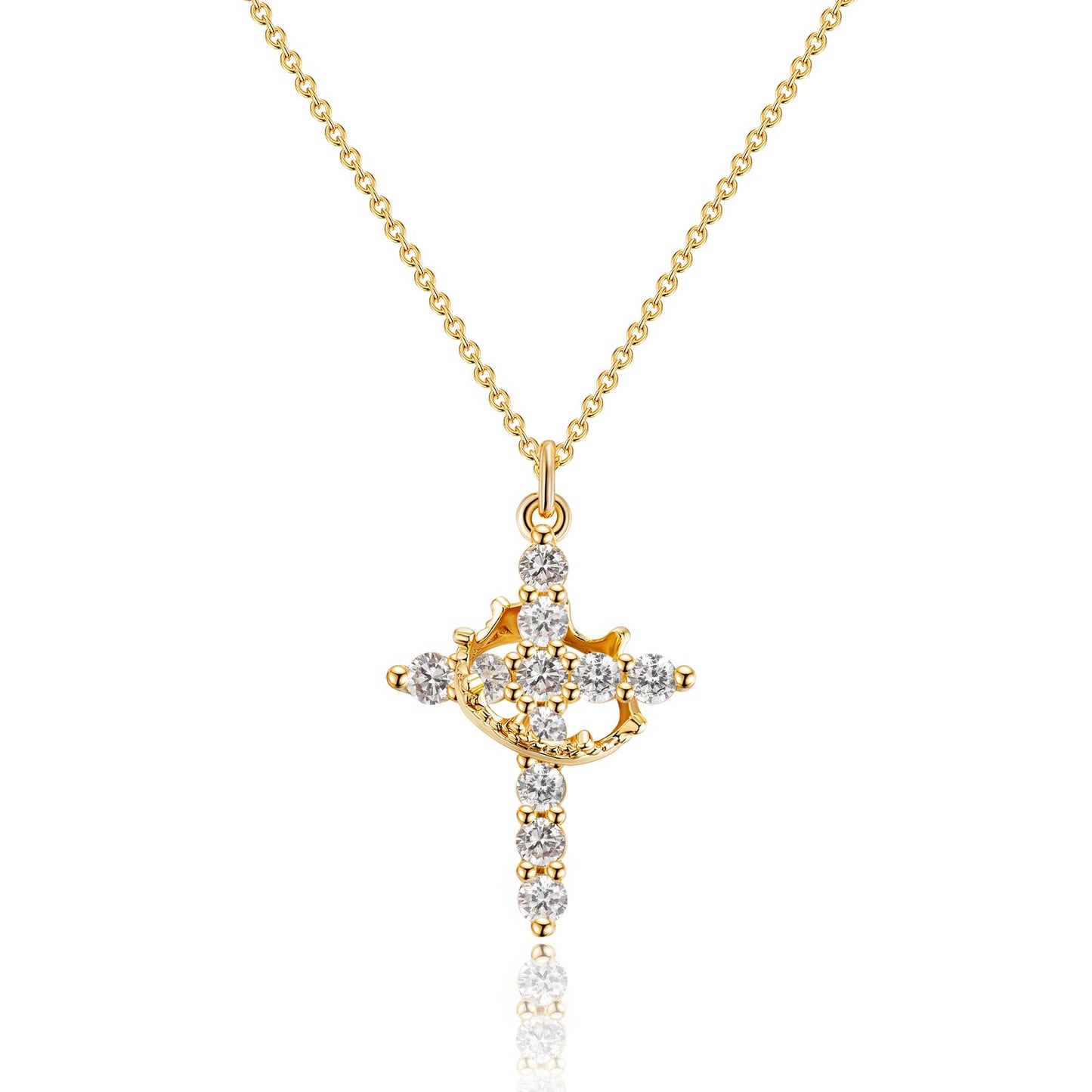 Robaice Birthstone Crown Cross Necklace for Women, Gold-Plated Christian Faith Necklace, Cross Jewelry Gift for Women, April Clear Gift