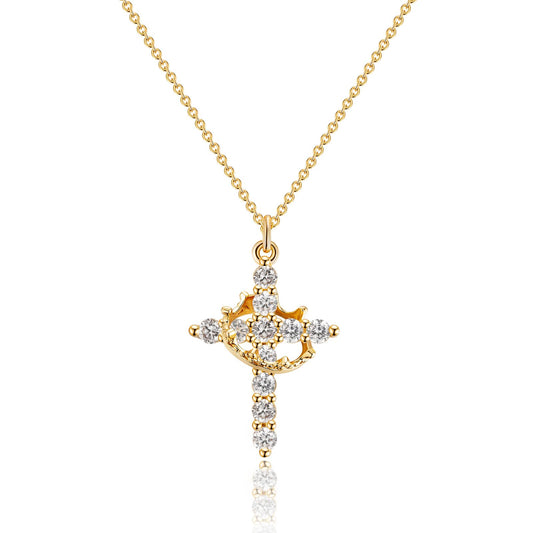 Robaice Birthstone Crown Cross Necklace for Women, Gold-Plated Christian Faith Necklace, Cross Jewelry Gift for Women, April Clear Gift