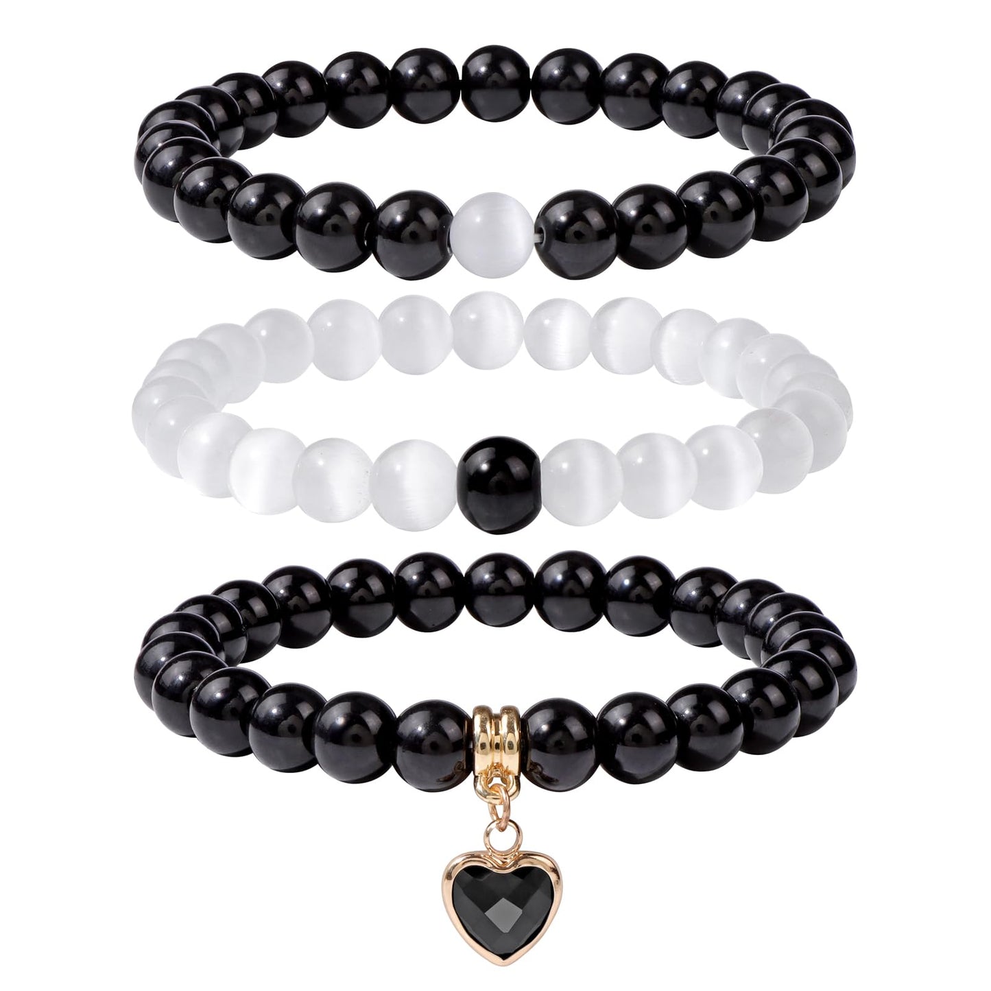 Vinswet Healing Crystal Beaded Bracelets for Women,Natural Amethyst Gemstones Bracelet,Anxiety Stress Relief Heart Charm Bracelet Handmade purple Jewelry Gifts for Women (Black agate&Moonstone)