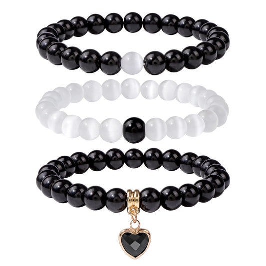 Vinswet Healing Crystal Beaded Bracelets for Women,Natural Amethyst Gemstones Bracelet,Anxiety Stress Relief Heart Charm Bracelet Handmade purple Jewelry Gifts for Women (Black agate&Moonstone)