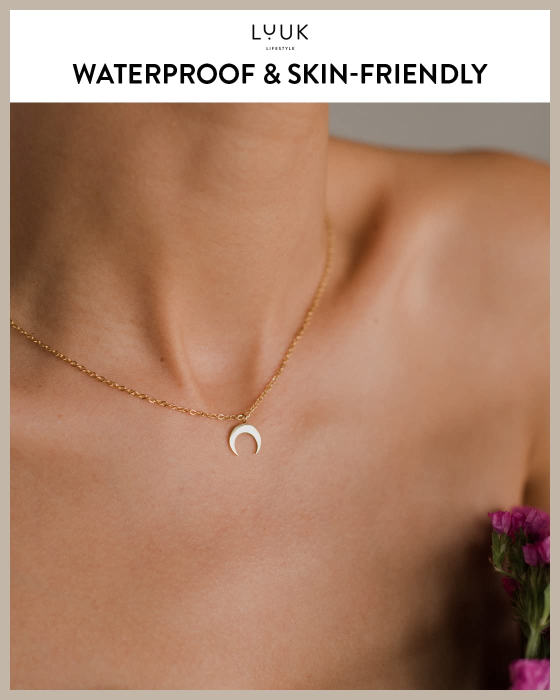 LUUK LIFESTYLE Necklace for women with crescent moon pendant, HAPPINESS gift card, modern and minimalist fashion accessory, 19” length, jewelry for everyday wear, layer look, good luck charm, gold