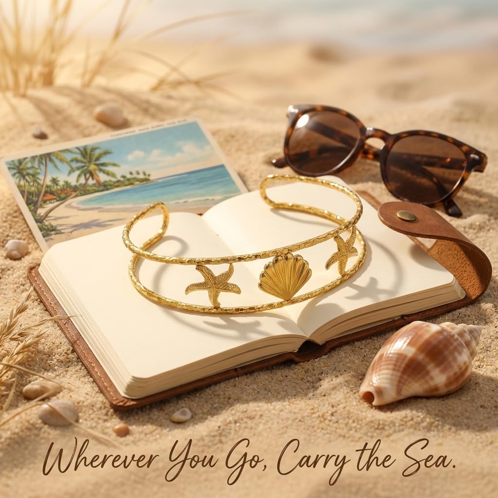 MystiGlimmer Starfish Open Cuff Bracelet for Women 18K Gold Plated Stainless Steel, Adjustable Ocean-Inspired Arm Cuff, Waterproof, Hypoallergenic Beach Jewelry Gift (Starfish-Seashell 3)