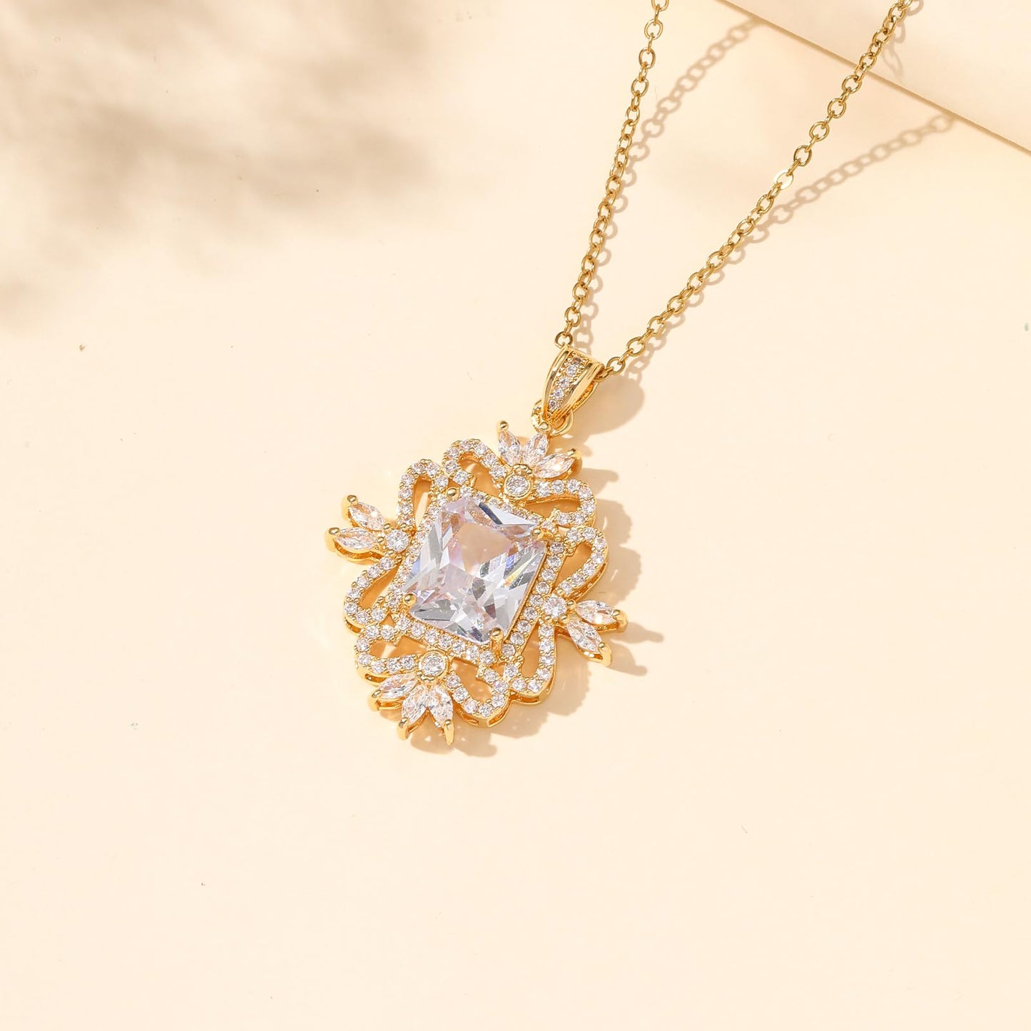 Baroque Square April Birthstone Diamond Necklaces for Women-Gold Plated Imitation Diamond Pendant Waterproof Non Tarnish Maximalist Jewelry For Birthday Valentines Day Mother's Day Christmas Thanksgiving Gifts