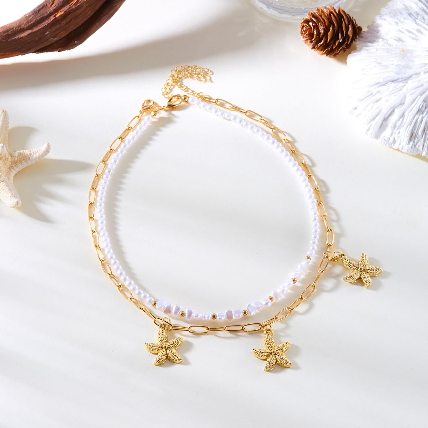 ANGLEQUEEN Gold Starfish Mermaid Necklaces Layered Pearl Starfish Shell Necklaces for Women Gold Pearl Choker Necklace Hawaiian Beach Surf Jewelry, Mermaid Costume Accessories B