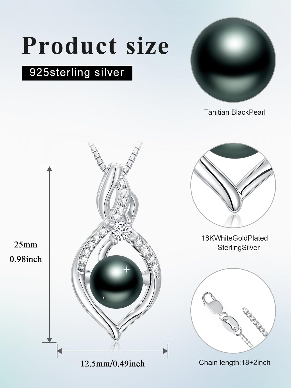 KANNSOAR 8MM Tahitian Black Pearl Necklace 18K Gold Plating Sterling Silver Pearl Jewelry Wedding Birthday Anniversary Valentines Day Christmas Mothers Day Gifts for Wife Women Mom Girlfriend Her