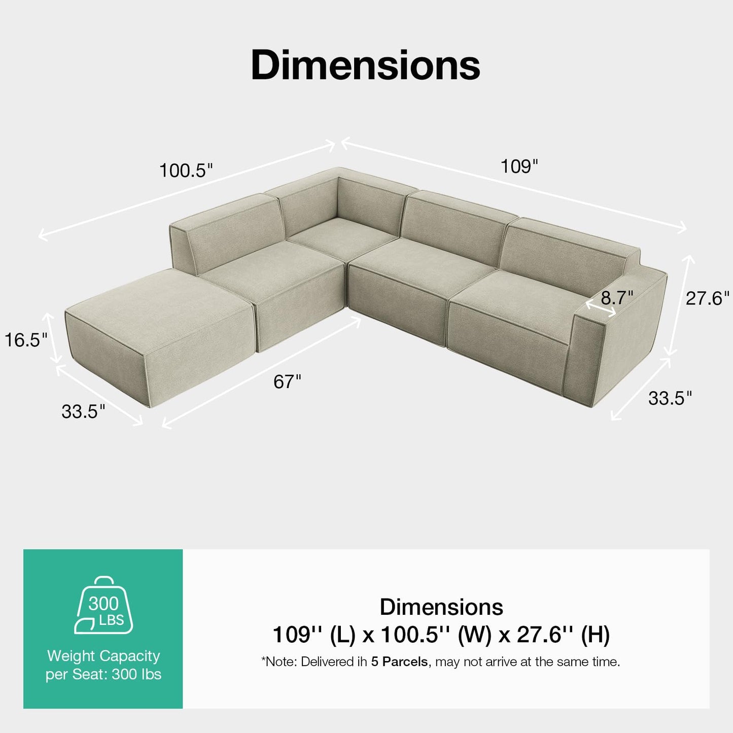 Novilla 109" Modular Sectional Sofa, No Assembly Cloud Sectional Couch with Smarts Coil® Support, Chenille Fabric L Shape Boneless Couch for Living Room Apartment, Beige (R-Arm 4 Seat w/ 1 Ottoman)