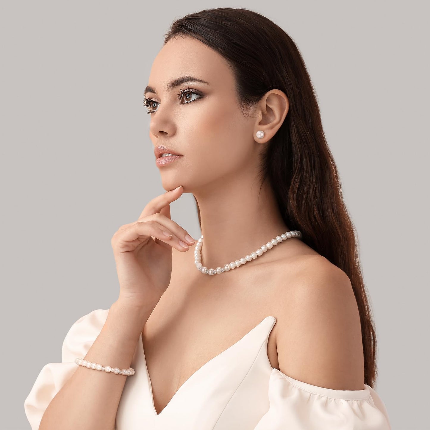 Glenmal Pearl Rhinestone Jewelry Set for Women Pearl Necklace Bracelet Earrings for Wedding Birthday Bridal Shower Tea Party (Novel Style)