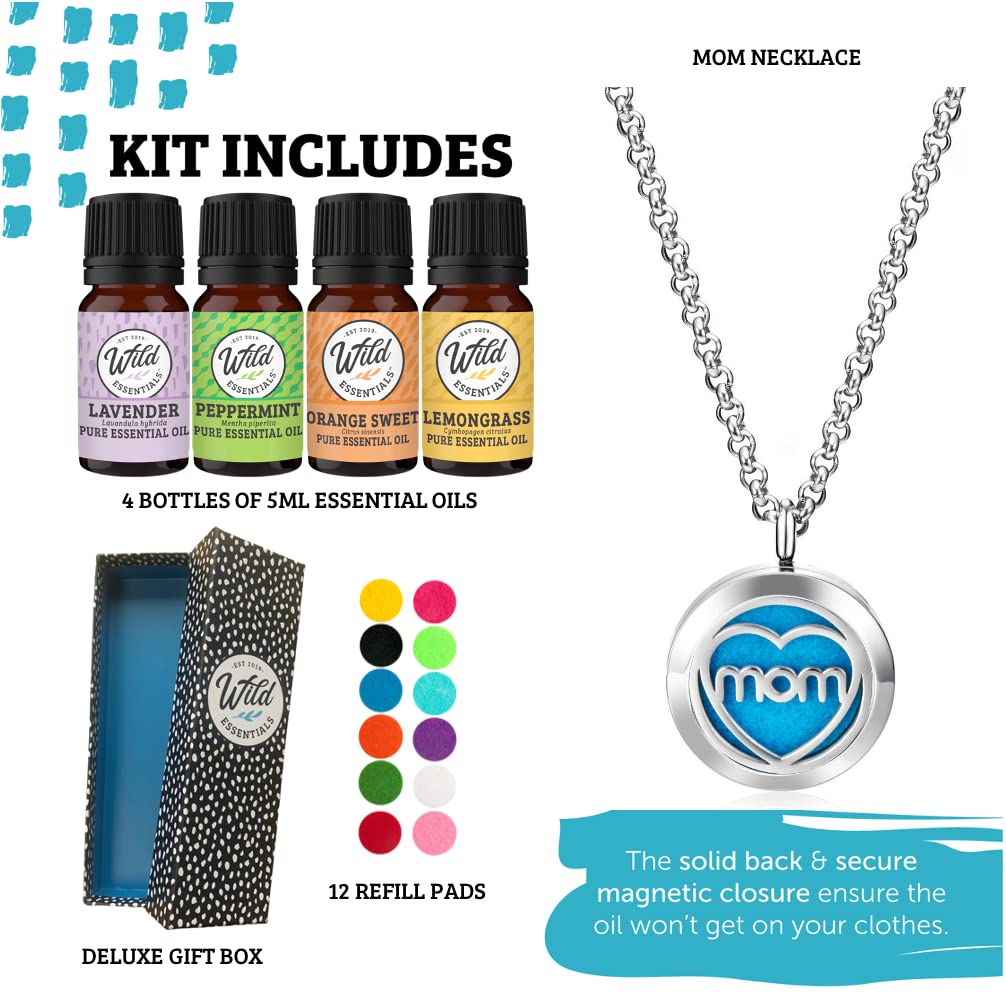 Wild Essentials MOM Aromatherapy Necklace Diffuser Includes 4 Pure Essential Oils, Lavender, Lemongrass, Orange, Peppermint - Stainless Steel Chain/Pendant, 12 Pads, Gift Set
