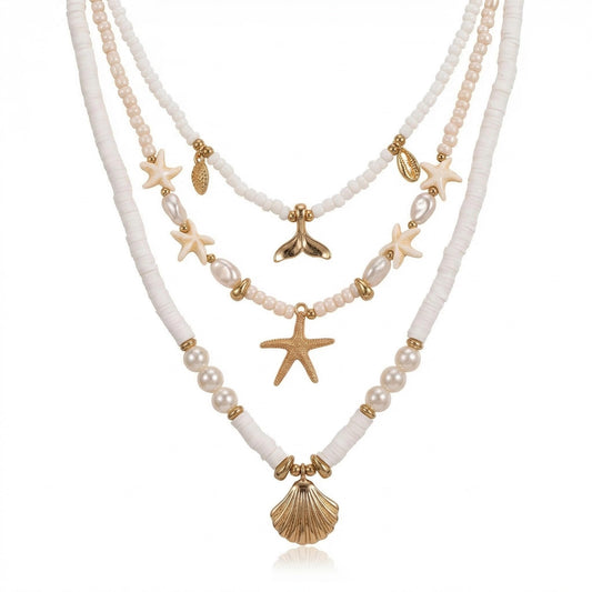 ANDKISS Shell Necklace Gold Layered SeaShell Necklace for Women Beaded Ocean Shell Choker Charm Necklaces Boho Summer Jewelry Gifts