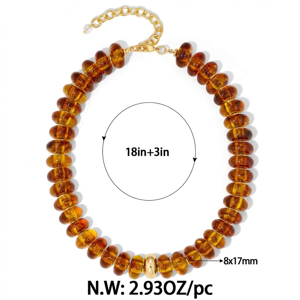 FAUTHENTICUTE Chunky Brown Beaded Necklace for Women Translucent Amber Brown Bead Choker Statement Adjustable Beach Necklace Trendy Summer Jewelry Gift