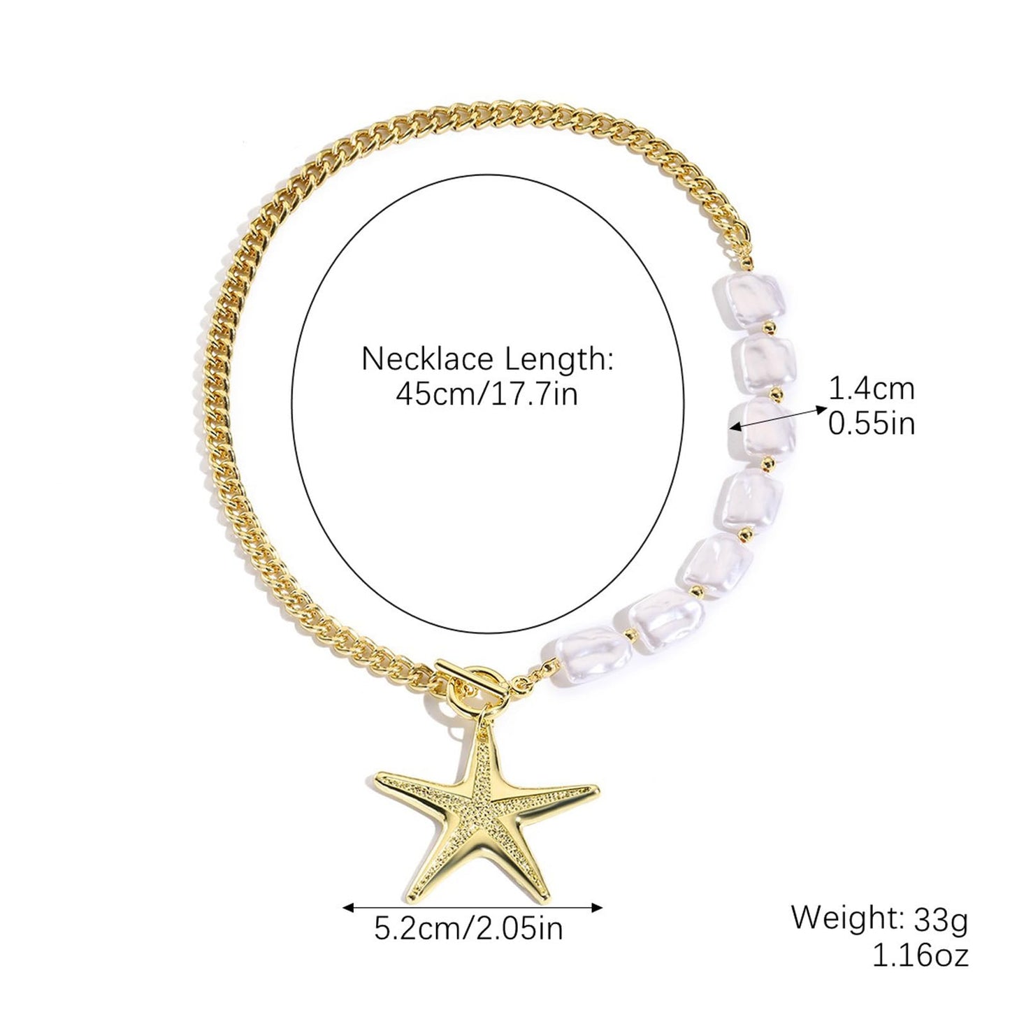 Metal Starfish Pendant Necklace with Baroque Pearls, Summer Beach Gold Chain Ocean Jewellery Fashionable Seashell Charm Choker for Women Trendy Boho Statement Jewelry