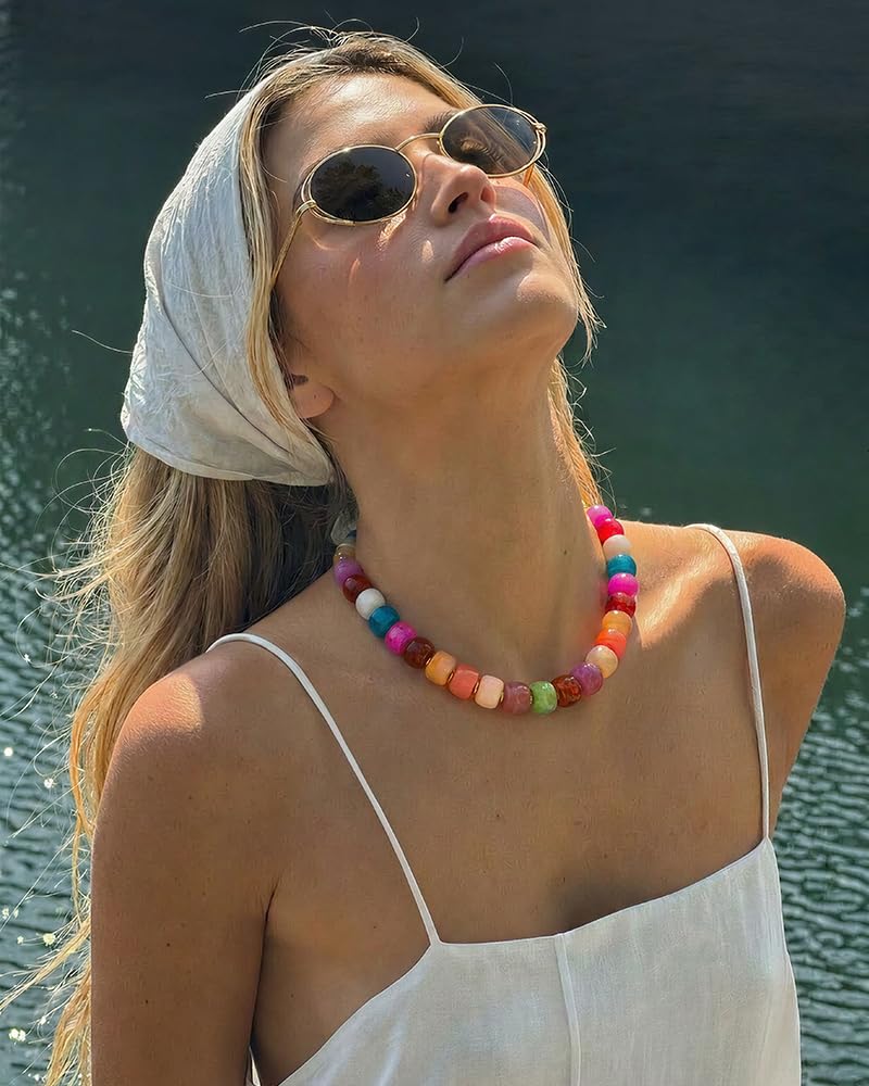 FAUTHENTICUTE Colorful Beaded Choker Necklace for Women Rainbow Bead Statement Necklace Boho Summer Beach Necklaces Trendy Western Beaded Necklaces for Women Everyday Jewelry