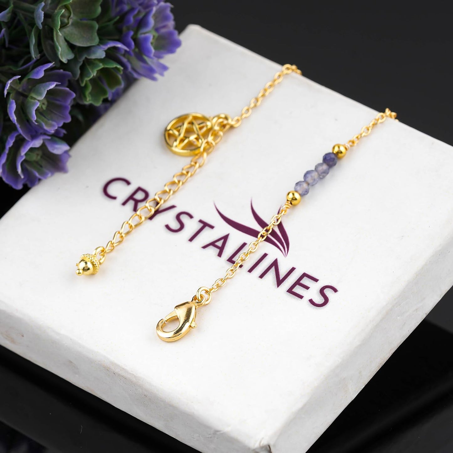 CRYSTALINES Natural Blue Iolite Gemstone Beads, Handmade Station Dangle Star Charms Anklet, 14K Gold Plated, Adjustable Fashion Boho Jewelry for Women, Healing Crystals, Christmas Gift