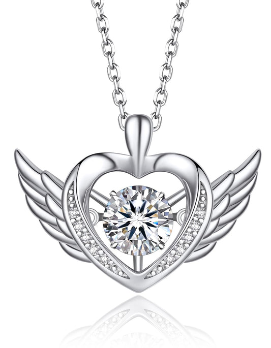 MomentWish Angel Wings Sterling Silver Necklace for Women 1 Carat D Color VVS1 Moissanite Dancing Diamonds Necklace Fashion Jewelry for Party Formal Outfits