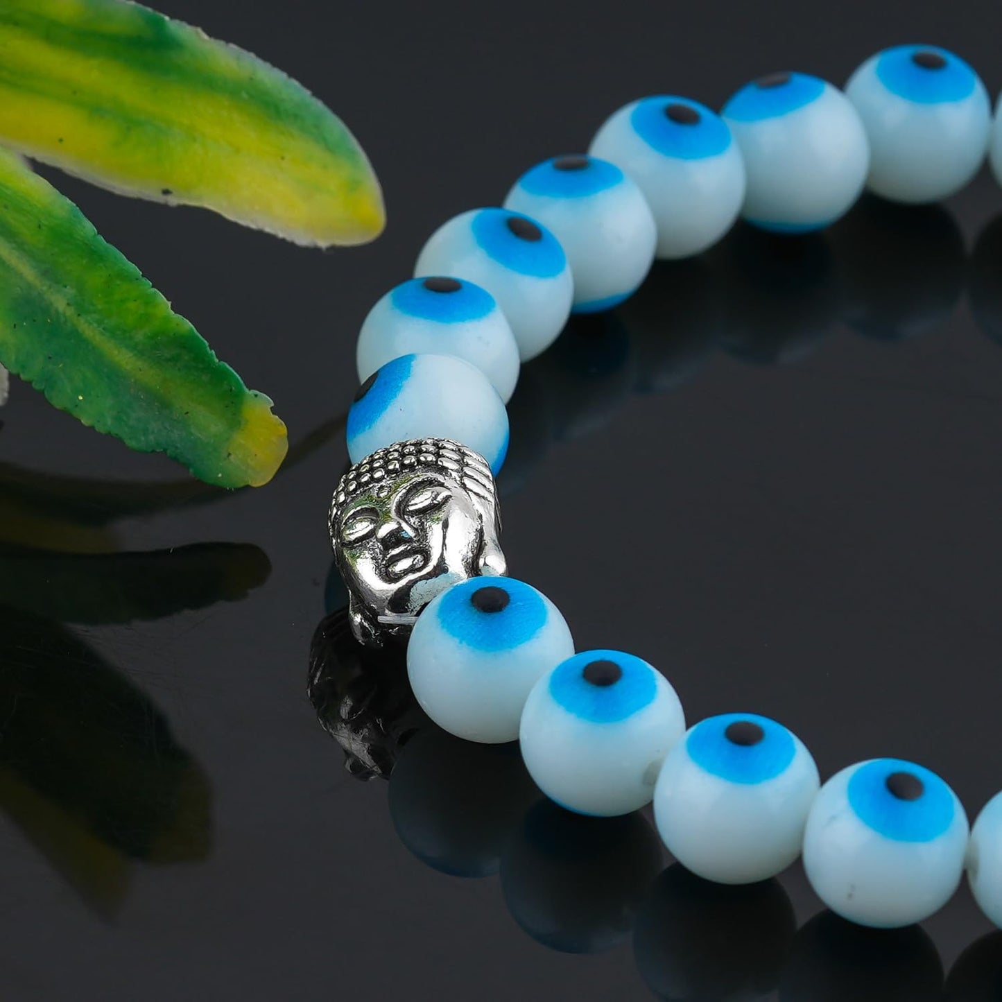 CRYSTALINES Buddha Charm Stretchable Braceclet, Evil Eye Gemstone Beads, Plain Round Stones, Handmade Boho Strech Bracelet, Adjustable Spiritual Healing Crystal Unisex Jewelry Gift