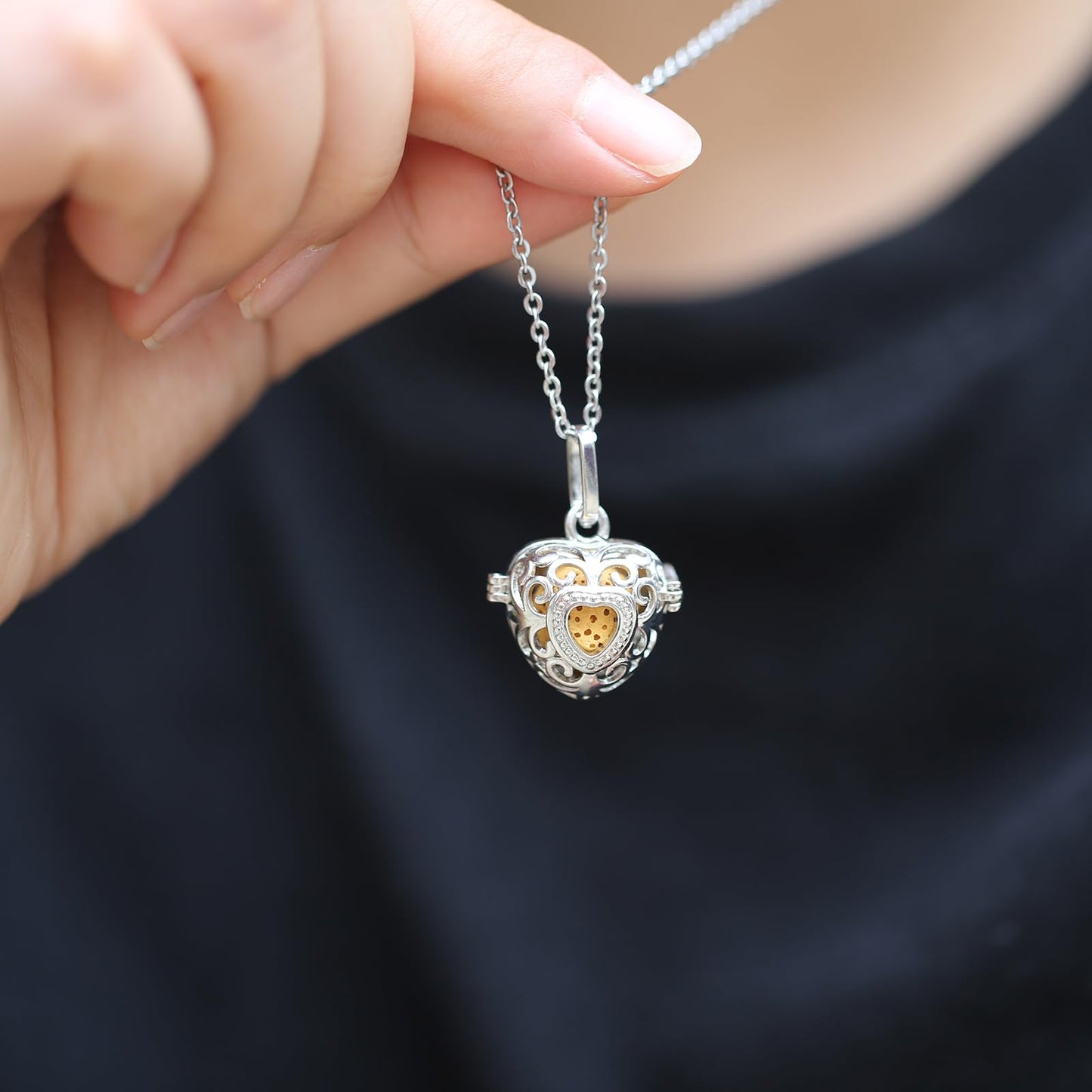 2PCS Essential Oil Diffuser Necklace Aromatherapy Lava Bead Stone Little Love Heart and Hollow Ball Locket Necklace Pendant with for Women