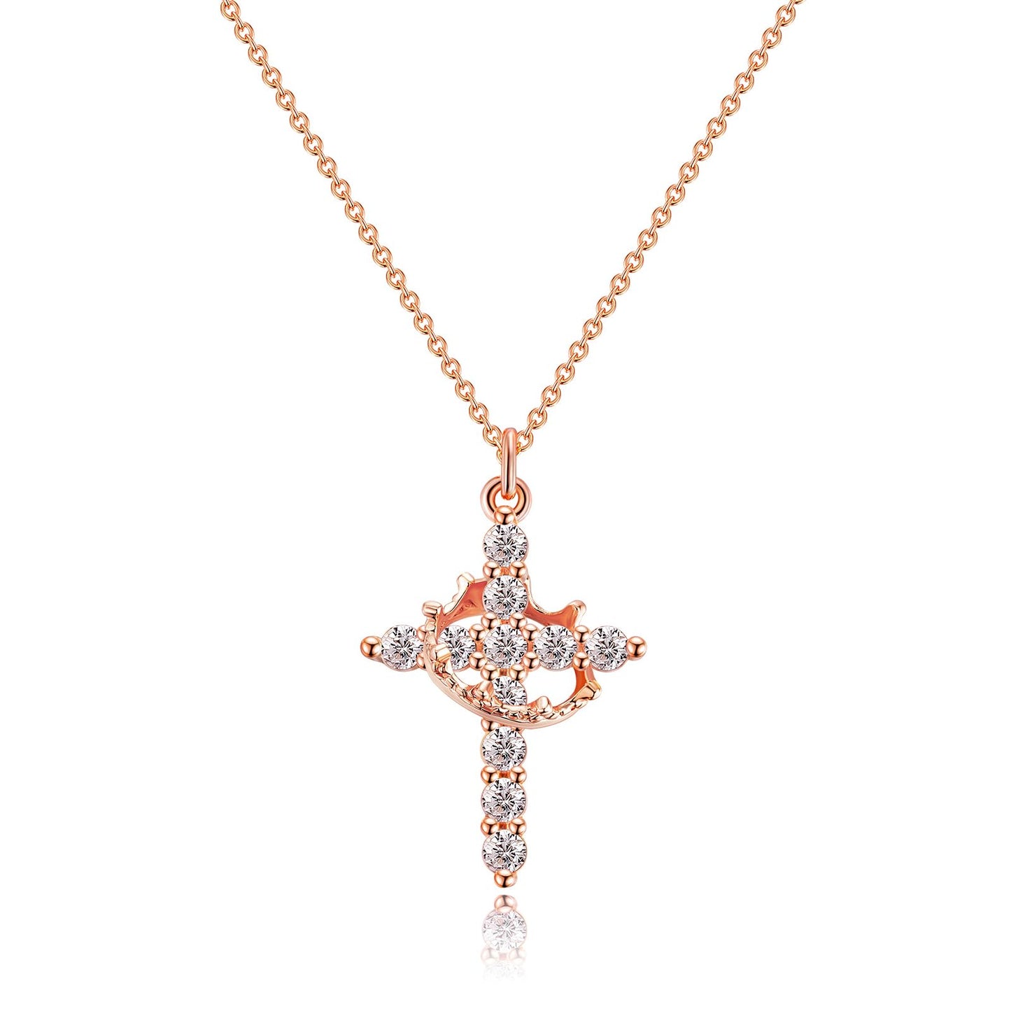 Robaice Rose Gold Cross Necklace for Women, Rose Gold Plated Crown Cross Pendant Necklace Cross Necklaces Faith Jewelry First Communion Necklace, Rose Gold