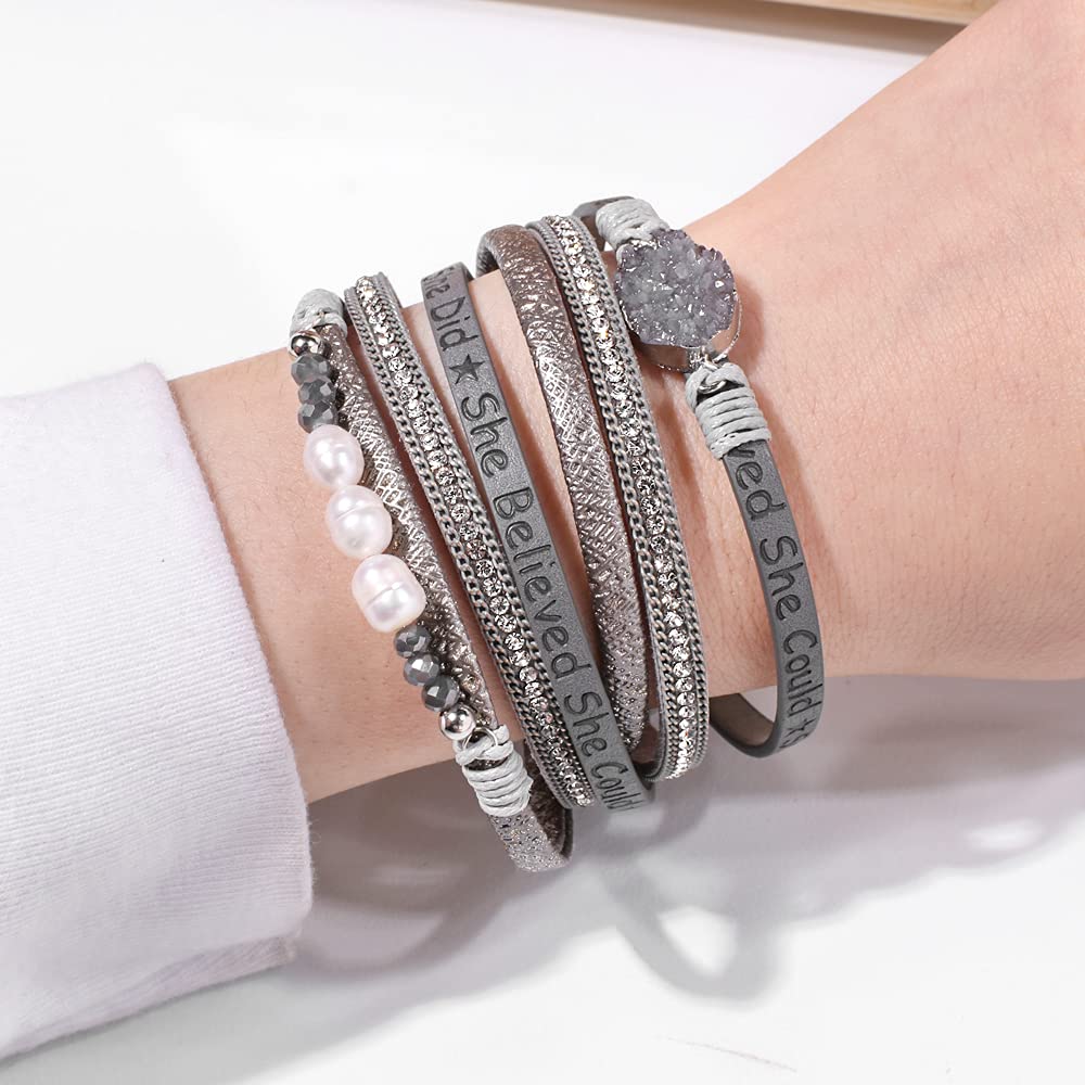 Artilady Leather Wrap Bracelet for Women - Handmade Clasp Bangle Bracelet with Pearl Beads Crystal Wristbands Jewelry Gift for Ladies and Mother