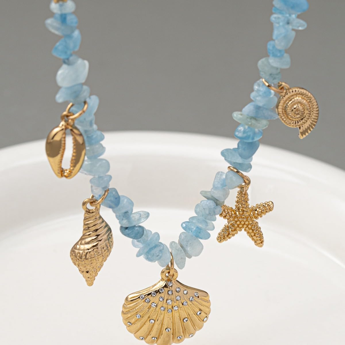 MERGEWORLD Dainty Gold Sea shell Necklace For Women – Ocean Charm Jewelry for Women, Delicate Starfish Beach Necklace with Sea Blue Natural Stone, Elegant Beach Gifts & Everyday Gold Chain