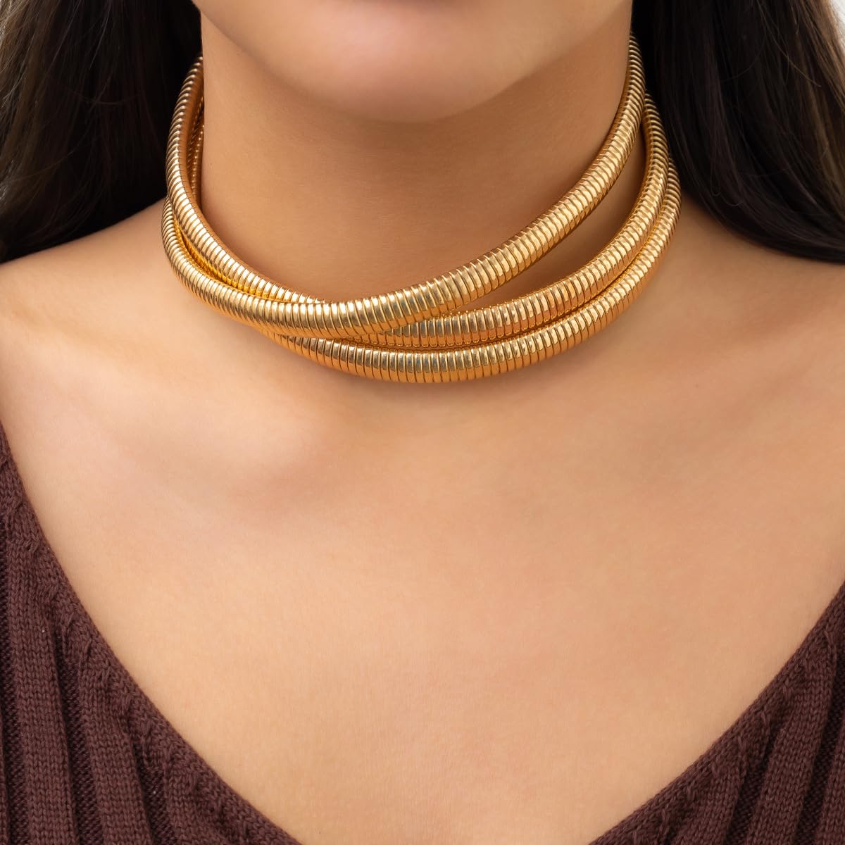 BONJOULRY Chunky Gold Plated 3 Layered Choker Necklace for Women Trendy, 14K Gold Plated Twisted Snake Chain Statement Necklace Multi Layering Necklaces Jewelry Gifts