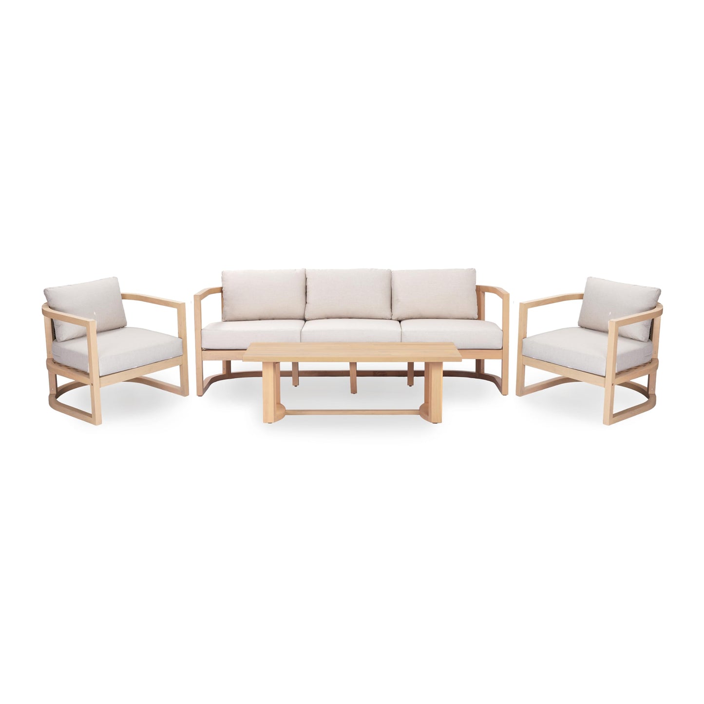 Merax 4 Piece Rattan Woven Paito Conversation Set, All-Weather Acacia Wood 3 Seater Sofa,2 Club Armchairs with Coushions, 1 Coffee Table for Porch, Lawn, Backyard, Balcony, Light Teak