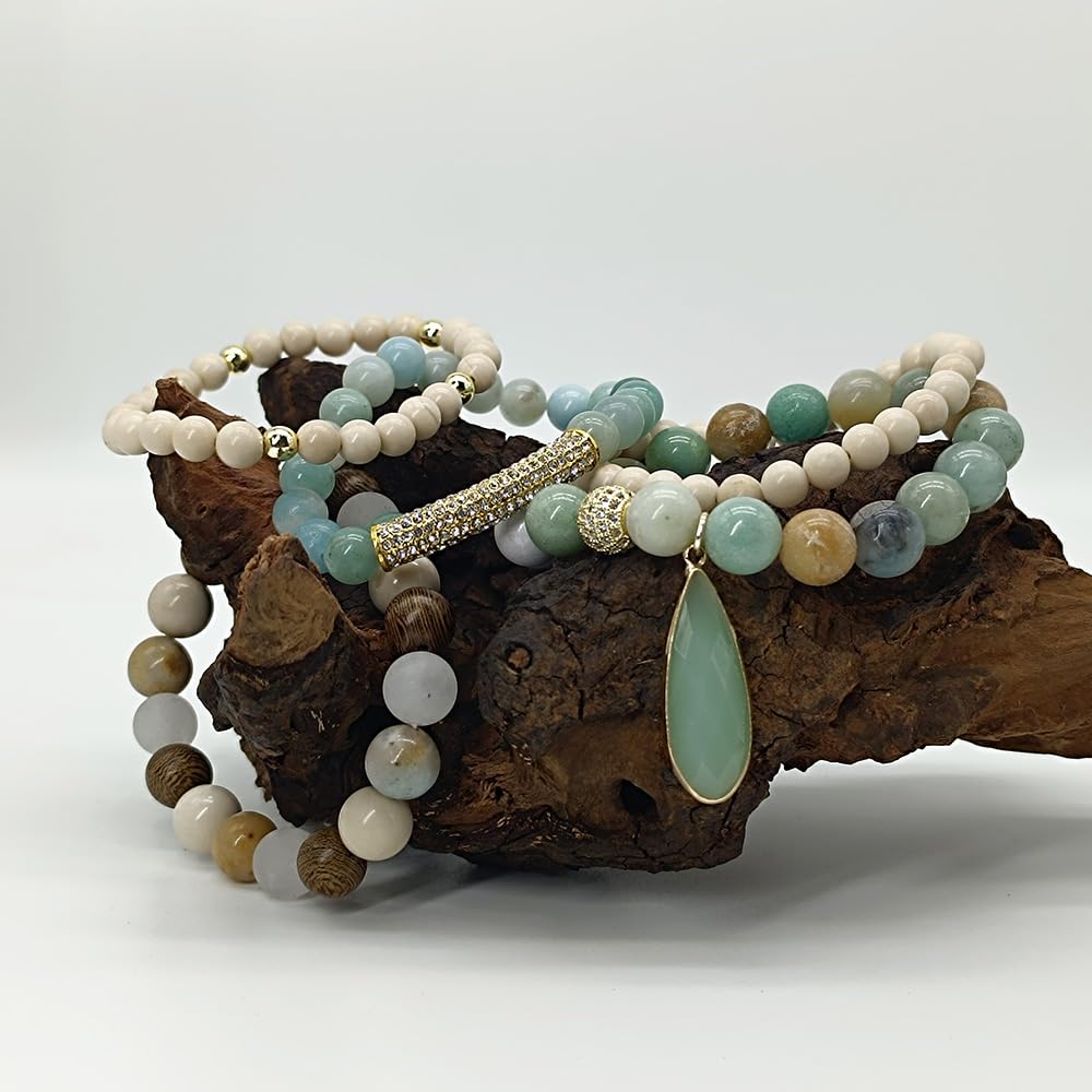 Yomisa Boho Beaded Bracelets for Women,Multilayer Wrap 5PCS Healing Natural Stone Agate Bead Bracelets Handmade Stackable Friendship Stretchy Beaded Bracelet Set Trendy Bohemian Jewelry Gift for Women