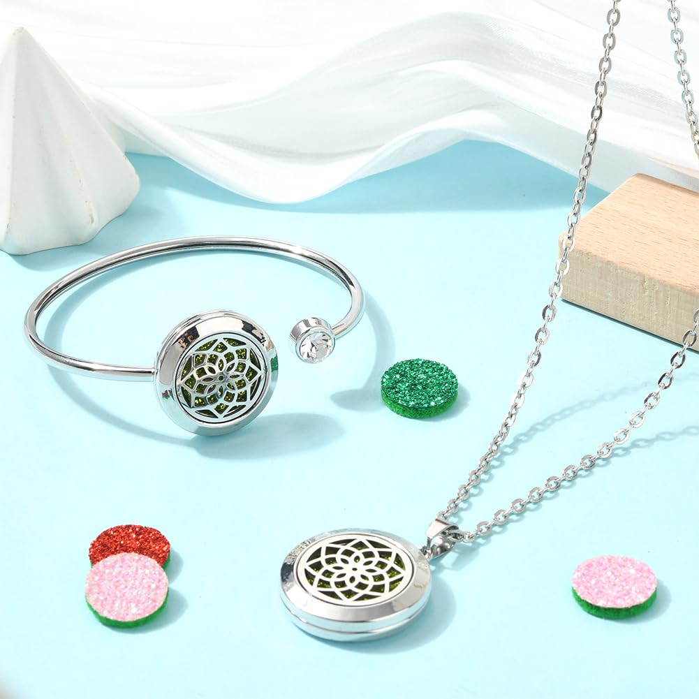 SUNNYCLUE 1Pc Essential Oil Necklace 1Pc Essential Oil Diffuser Bracelet with 10Pcs Refill Pads Flower Stainless Steel Aromatherapy Locket Pendant Bracelets Necklaces Diffuser Jewelry for Women Gifts