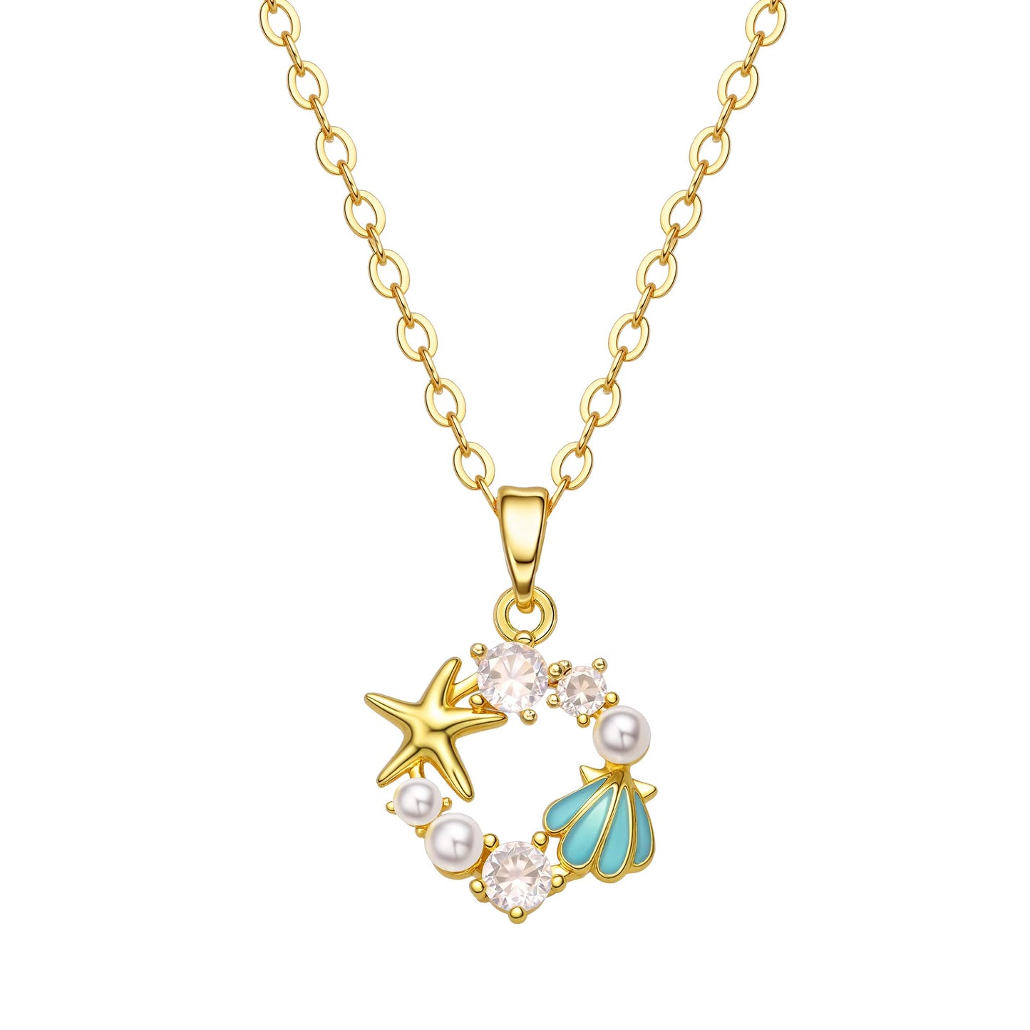 GLUBU Dainty 14K Gold Plated Starfish Shell Pearl Charm Necklace for Women - Sparkling Cubic Zirconia Ocean Jewelry Gift