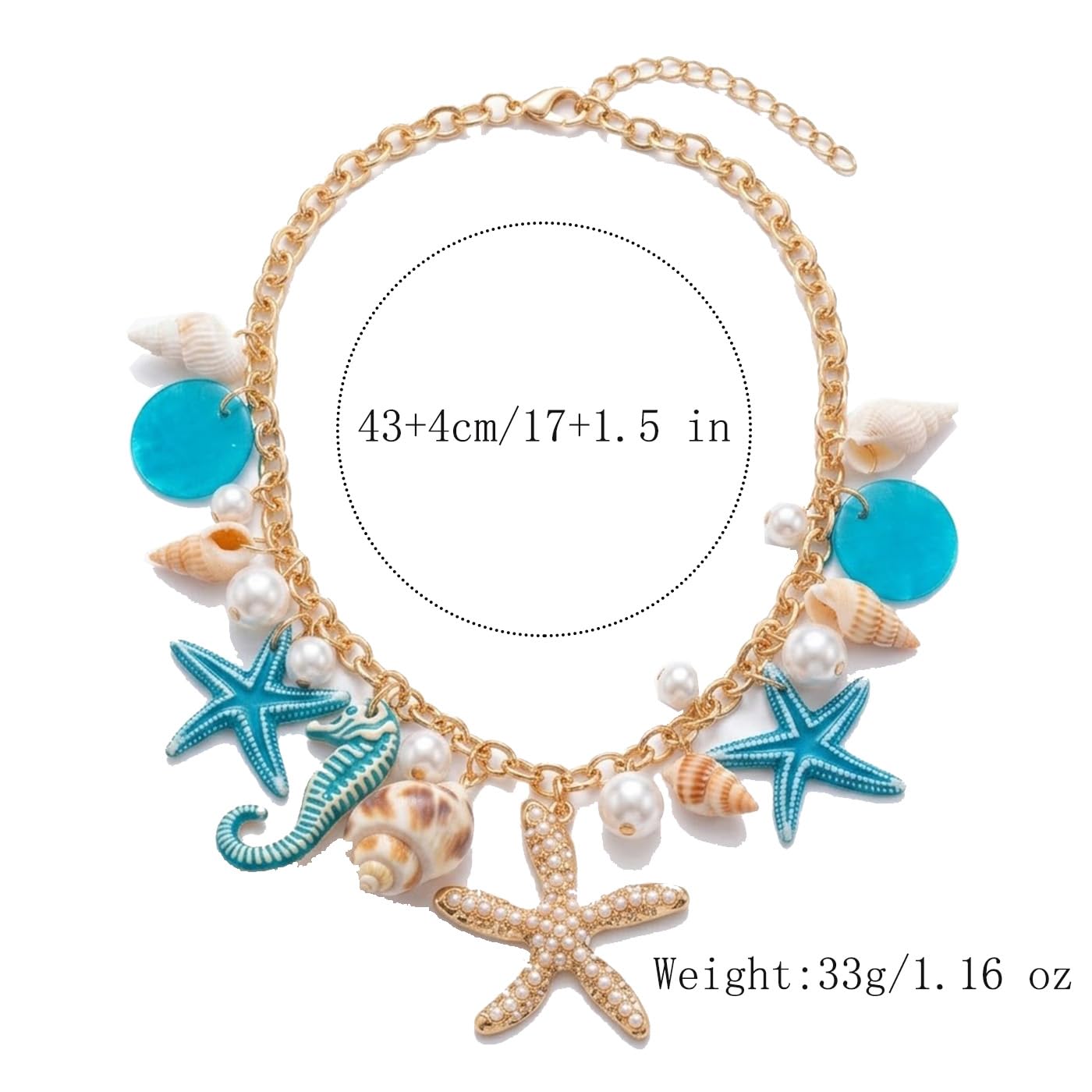 Shell Pearl Starfish Seahorse Charm Necklace For Women Coastal Beach Vacation Seashell Collar Necklace Summer Ocean Choker Ocean Jewelry Gift (Blue)