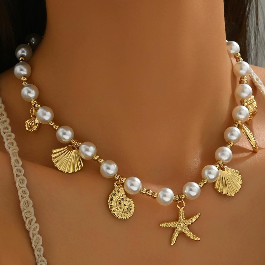 Gold Starfish Conch Oval Pearl SeaShell Necklace for Women Trendy, Statement Boho Shell Pearls Beaded Chain Necklaces Holiday Beach Party Jewelry (Gold 2)