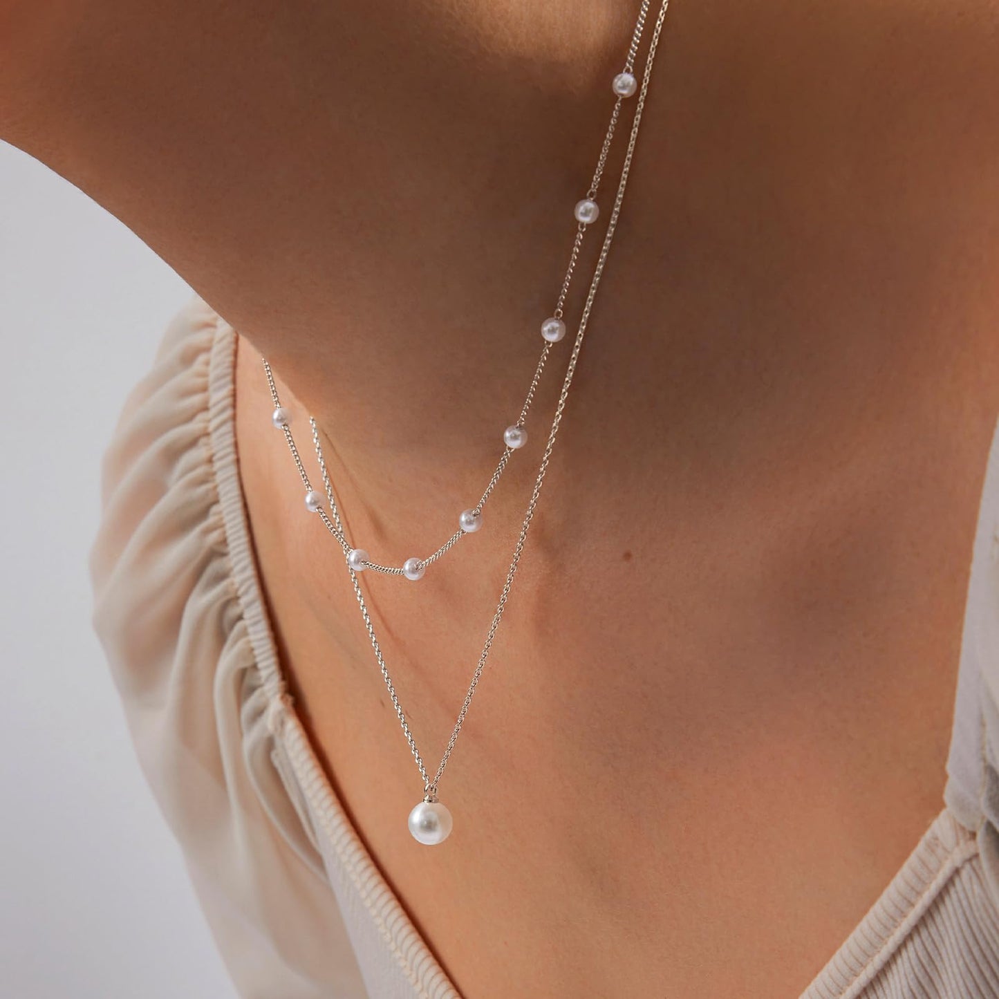 OGD Pearl Necklace for Women Trendy Layered 925 Silver Plated Dainty Pearl Pendant Choker Set Handmade Pearls Silver Necklace Stack Simple Cute Jewelry Gifts for Women