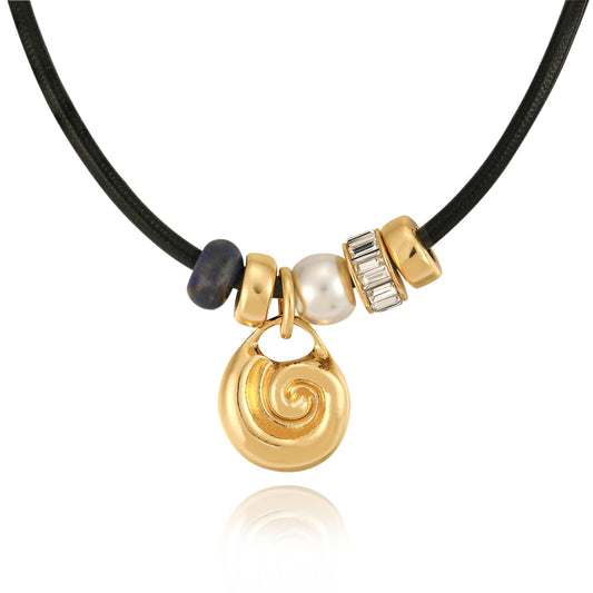 MYCUTEY Conch Shell Pendant Necklace for Women Boho Statement Spiral Necklace Adjustable Black Cord with Gold Spiral Shell Charm & Pearl Accents Trendy Summer Beach Jewelry Gifts