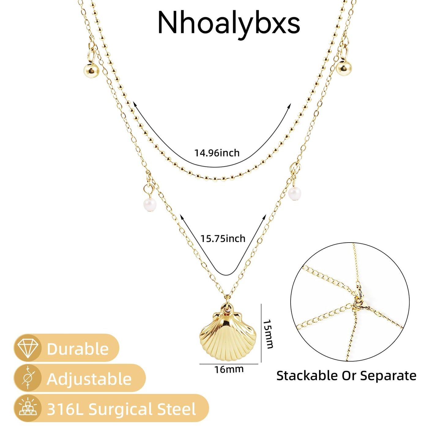 Starfish Shell Necklace for Women,14k Gold Plated Silver Layered SeaShell Pearl Pendant Charm Necklaces Dainty Non Tarnish Adjustable Waterproof Beaded Necklace Stack Jewelry for Summer Beach Vacation (Gold Shell Necklace)