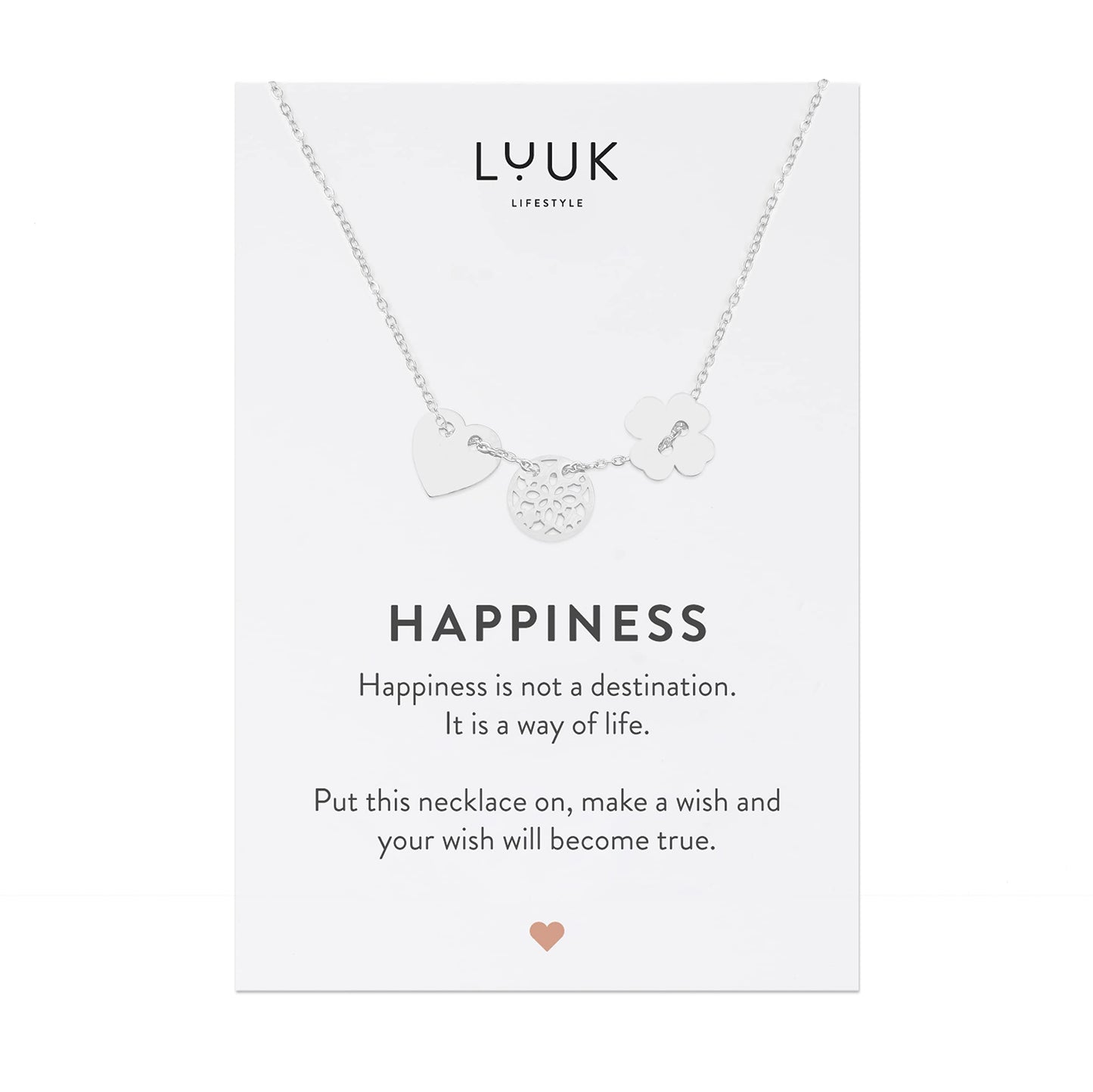 LUUK LIFESTYLE Stainless steel necklace for women, with four-leaf clover, mandala and heart pendants, lucky charms, with HAPPINESS gift card, fine design for attractive look, silver