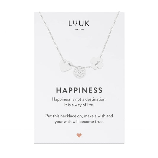 LUUK LIFESTYLE Stainless steel necklace for women, with four-leaf clover, mandala and heart pendants, lucky charms, with HAPPINESS gift card, fine design for attractive look, silver